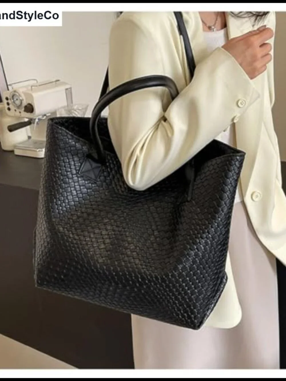 Woven Synthetic Leather Tote Bag Large Capacity Shoulder Handbag